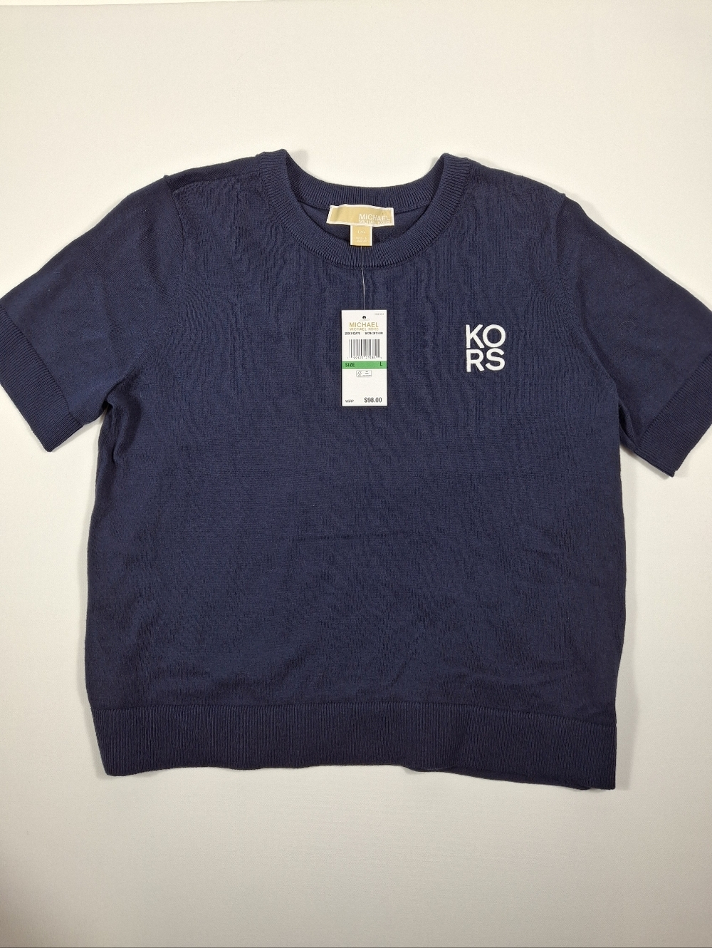 Michael Kors Midnightblue Short-Sleeve Knit Sweater Top - Women Size L NWT